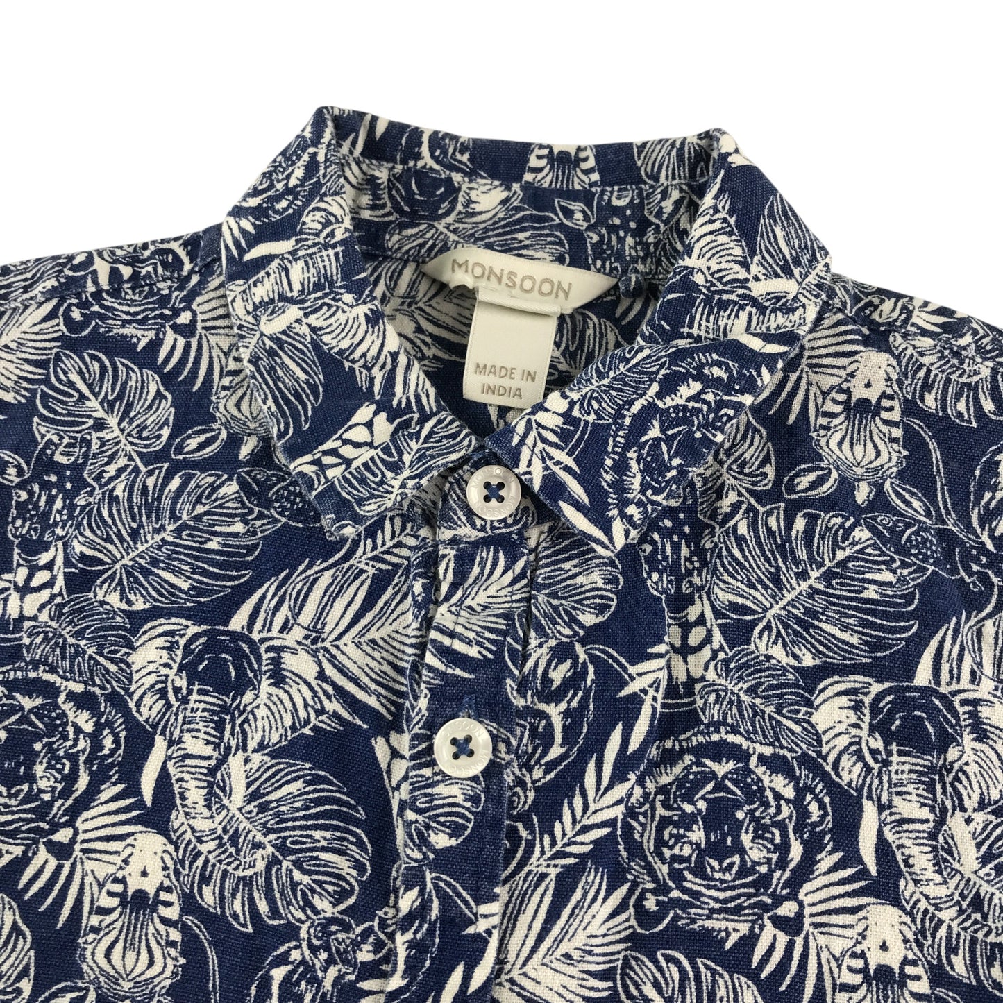 Monsoon shirt 7-8 years navy jungle animals print short sleeve cotton and linen blend