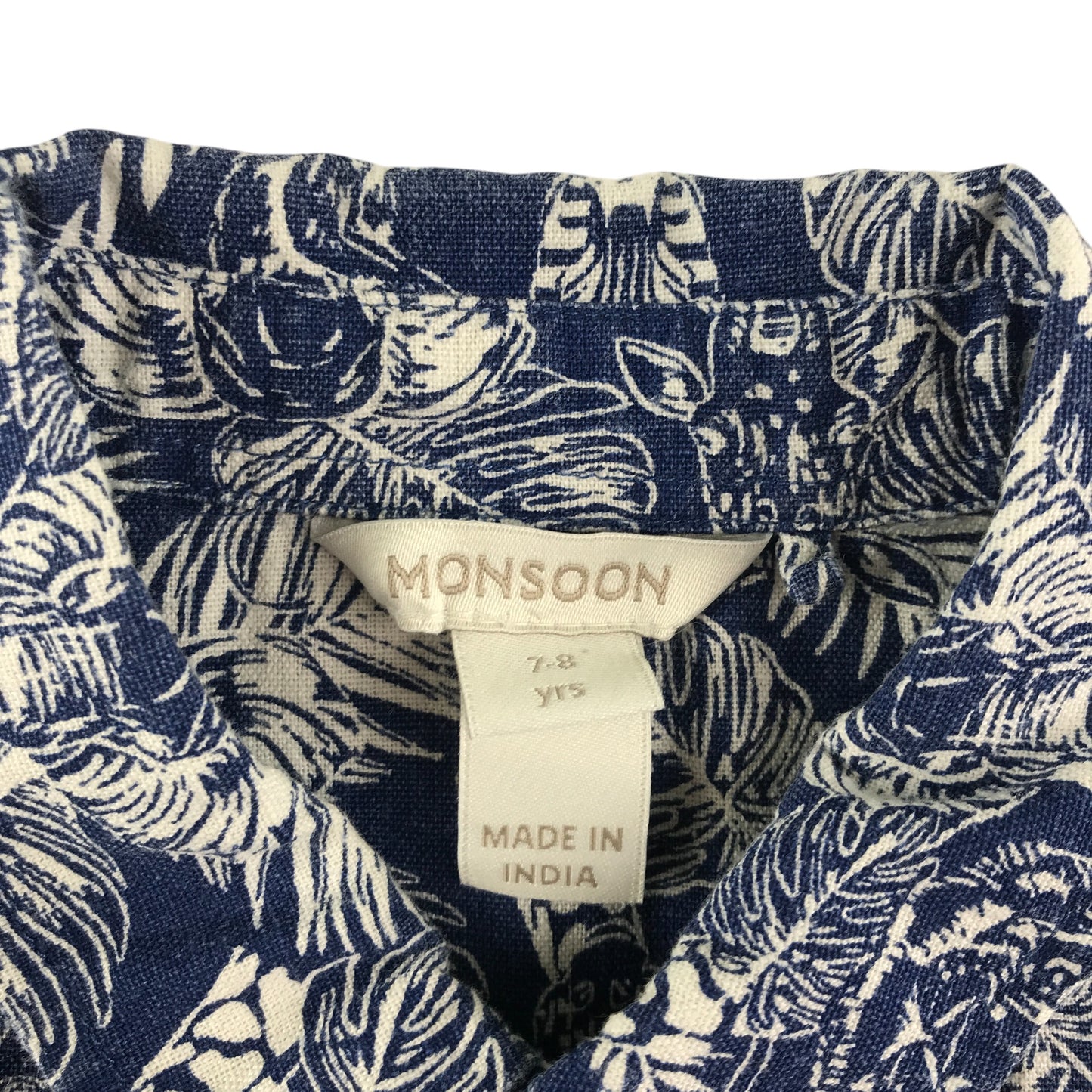 Monsoon shirt 7-8 years navy jungle animals print short sleeve cotton and linen blend