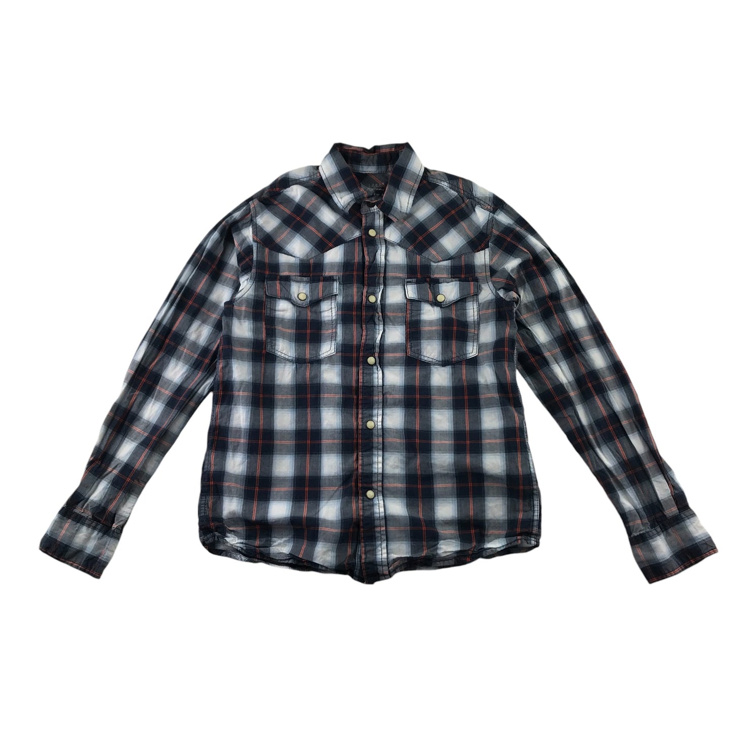 H&M Shirt 9-10 Years Navy and White Checked Button-Up with Front Pockets Cotton