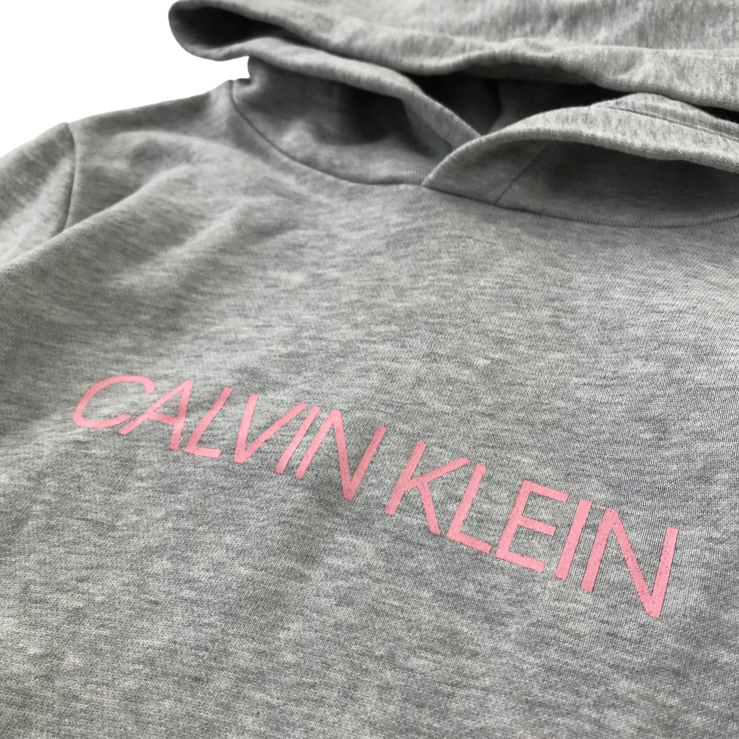 Calvin Klein Jeans Hoodie Age 8 Grey Plain with Pink Logos and Text Print Cotton