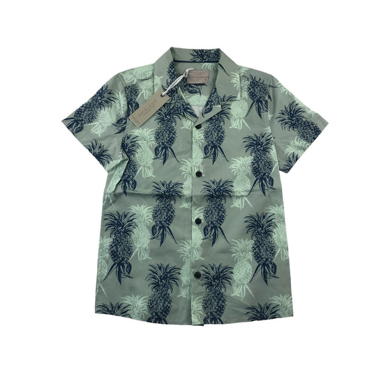 John Lewis shirt 7-8 years dusty green and blue pineapple print short sleeve button up cotton