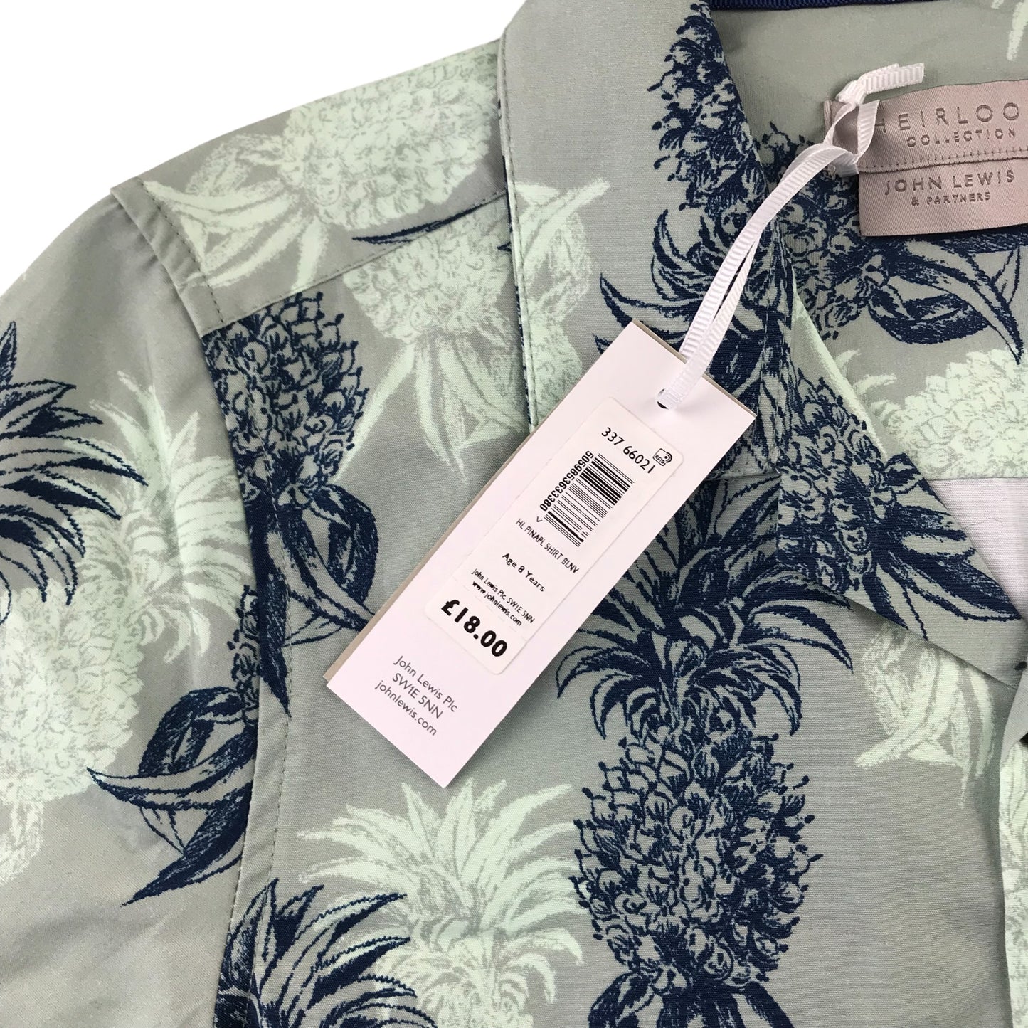 John Lewis shirt 7-8 years dusty green and blue pineapple print short sleeve button up cotton