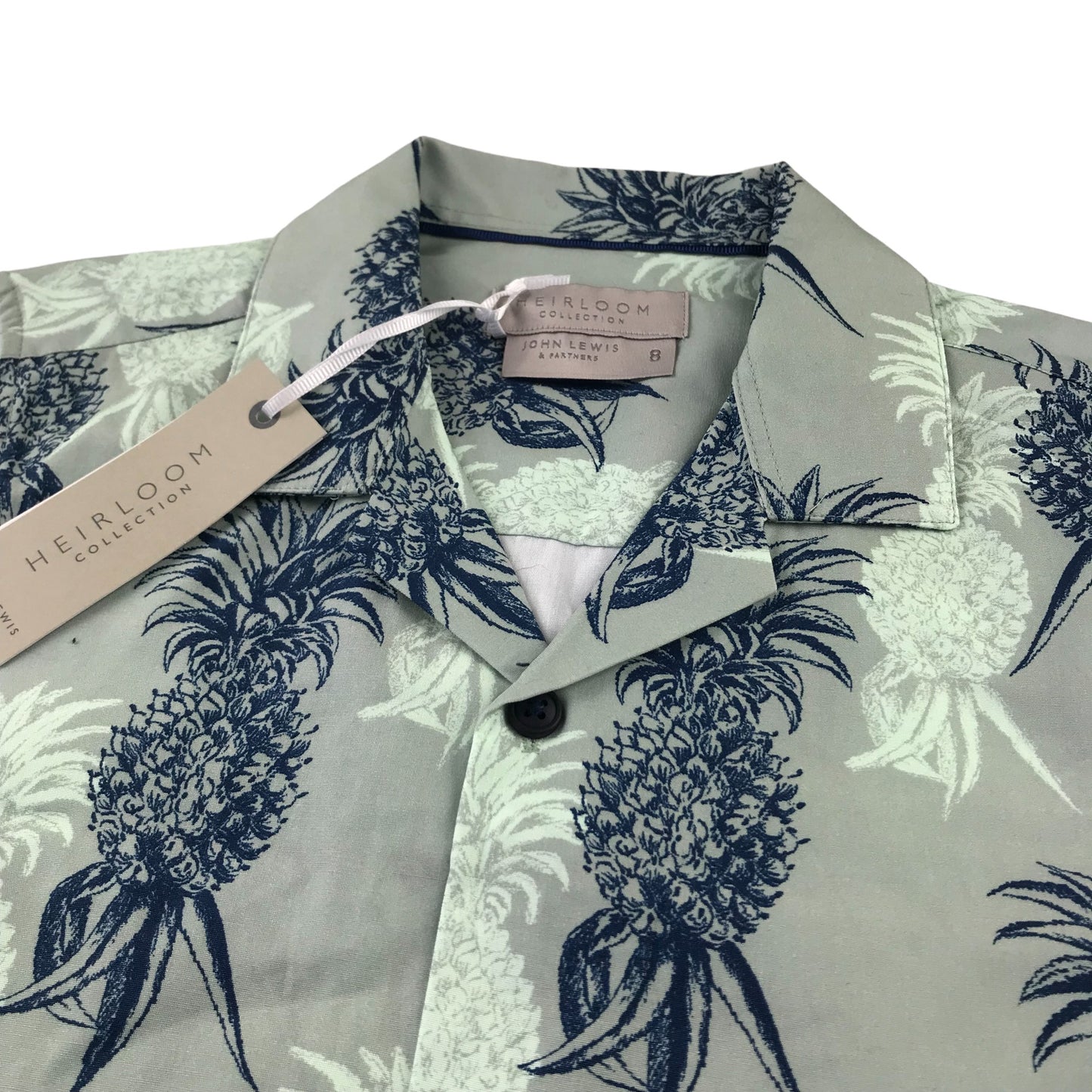 John Lewis shirt 7-8 years dusty green and blue pineapple print short sleeve button up cotton