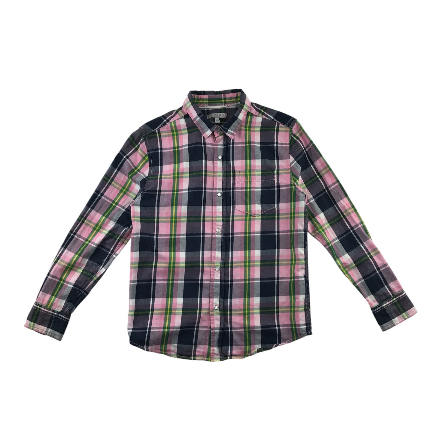 Indigo Shirt 10-11 Years Pink and Black Checked Snap Fasteners with Front Pocket Cotton