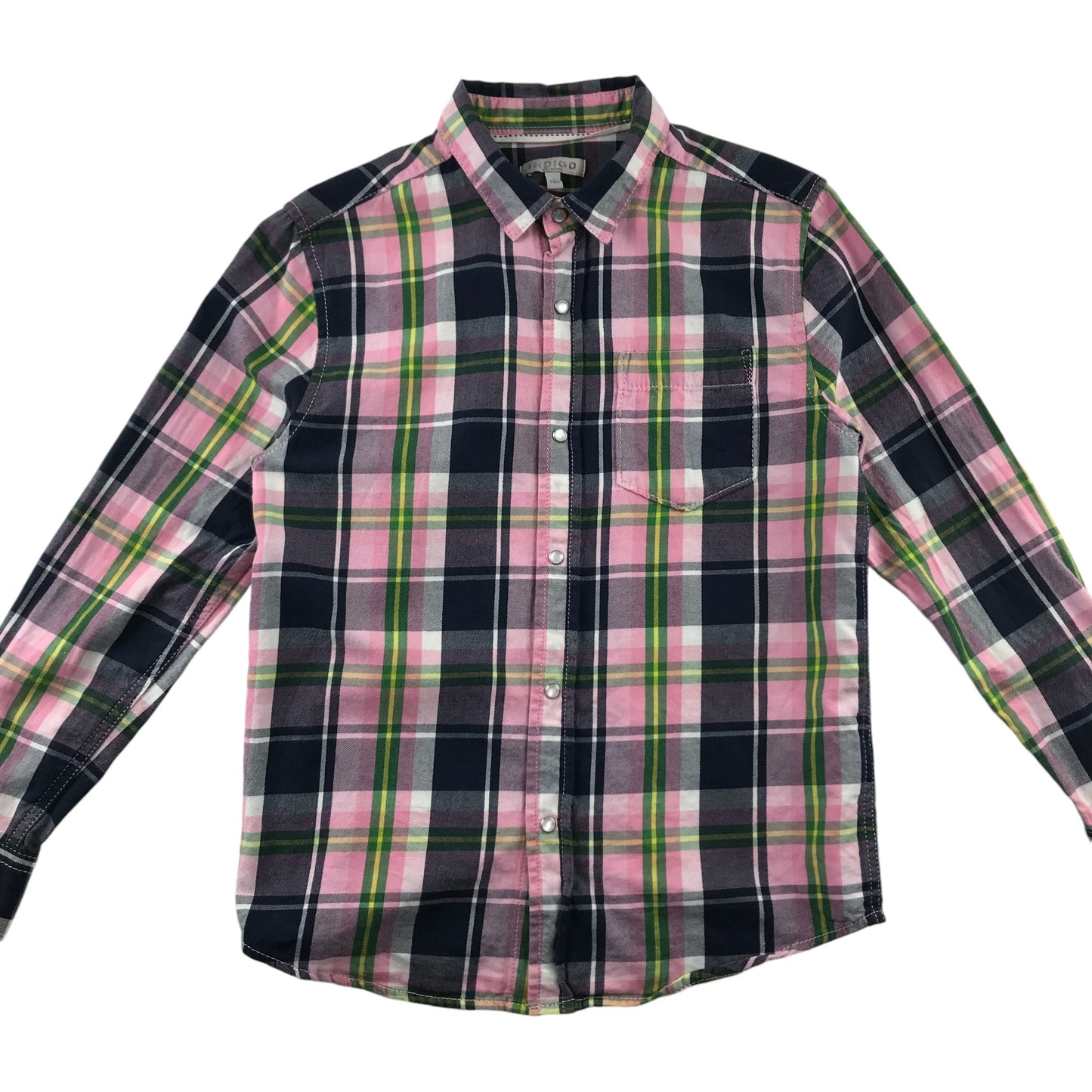 Indigo Shirt 10-11 Years Pink and Black Checked Snap Fasteners with Front Pocket Cotton