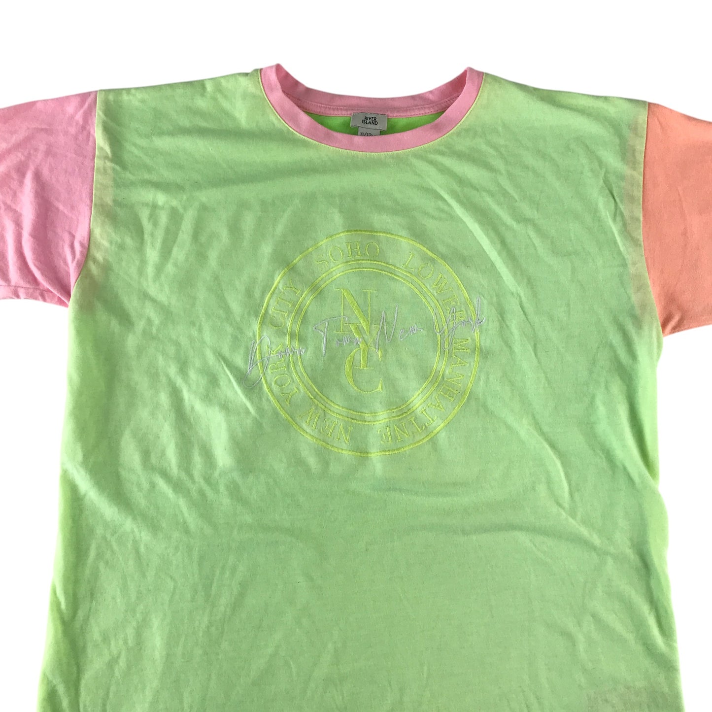 River Island t-shirt 11-12 years green with pink and peach sleeves