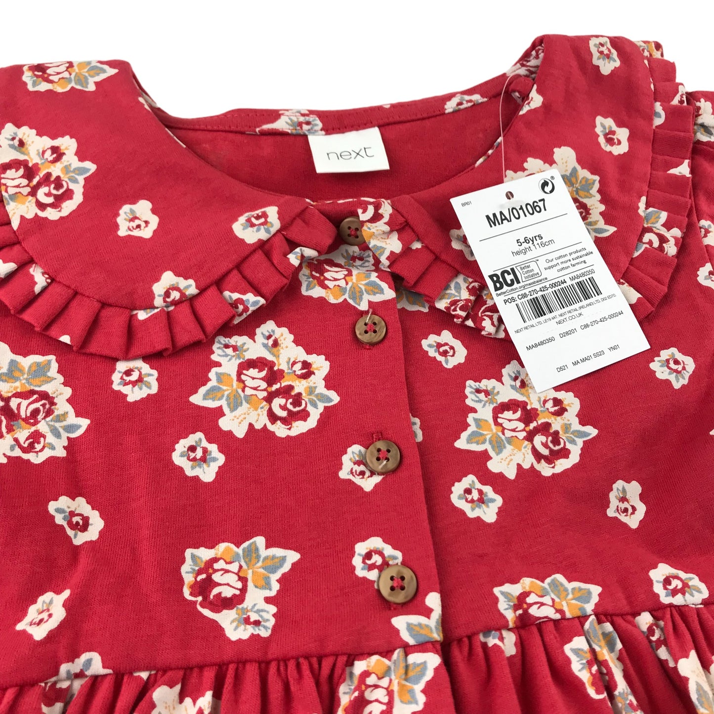 Next dress 5-6 years red floral collared button up cotton