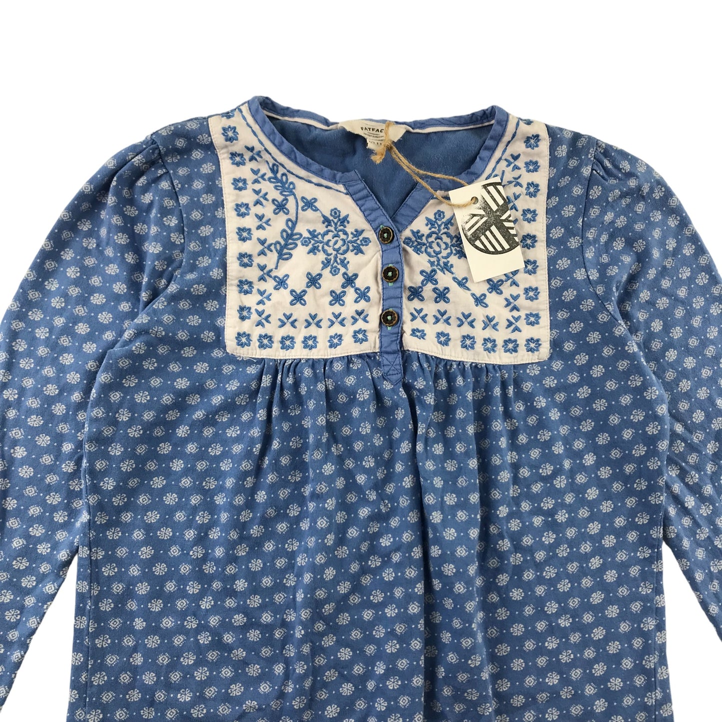 Fatface Blouse Age 10 Blue Long Sleeve Floral Embroidered Cotton