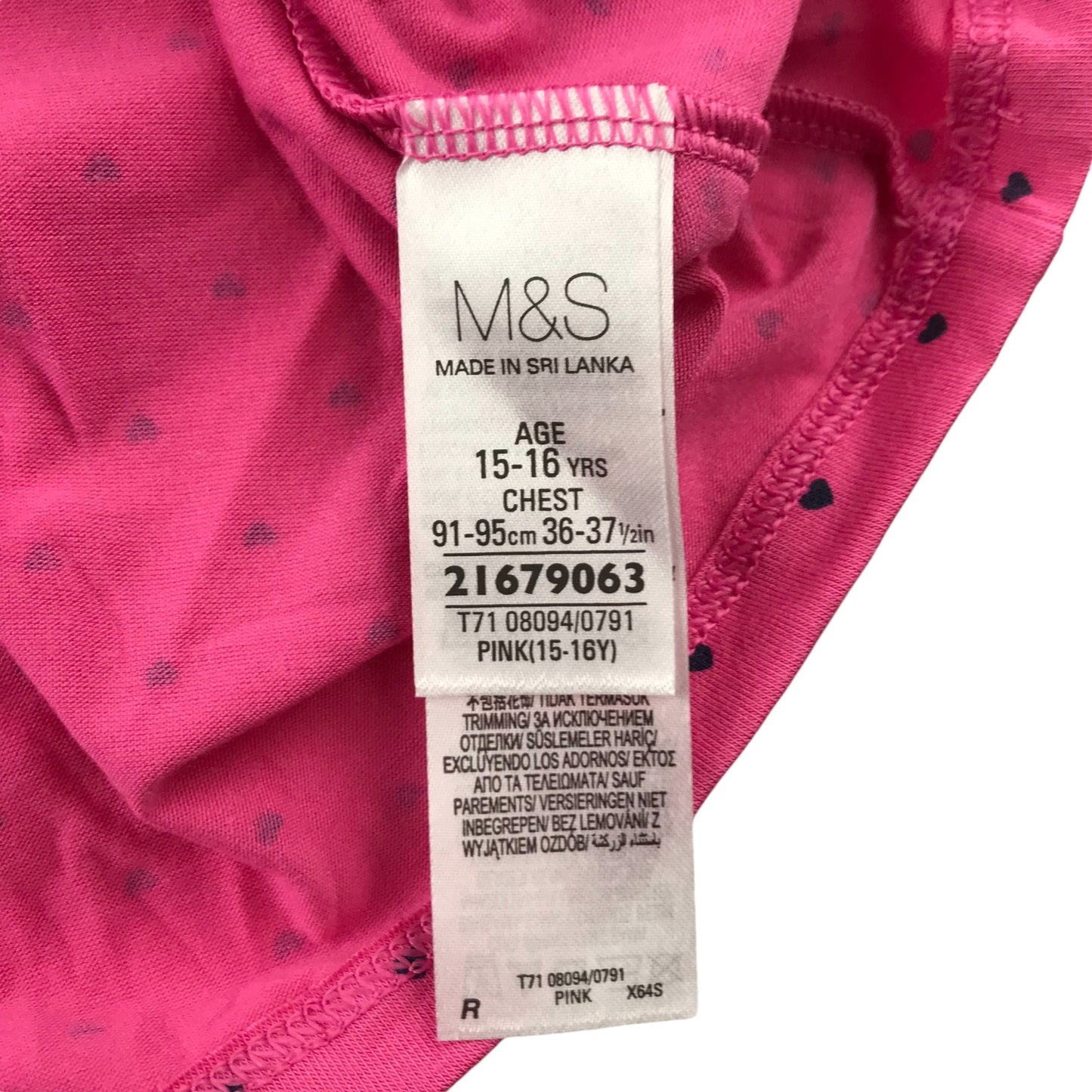 M&S Thermal Top 15-16 Years Pink Love Heart Print