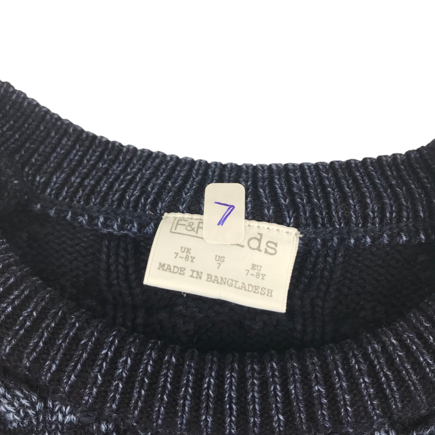 F&F Jumper Age 7 Navy Large Cable Knit Pattern