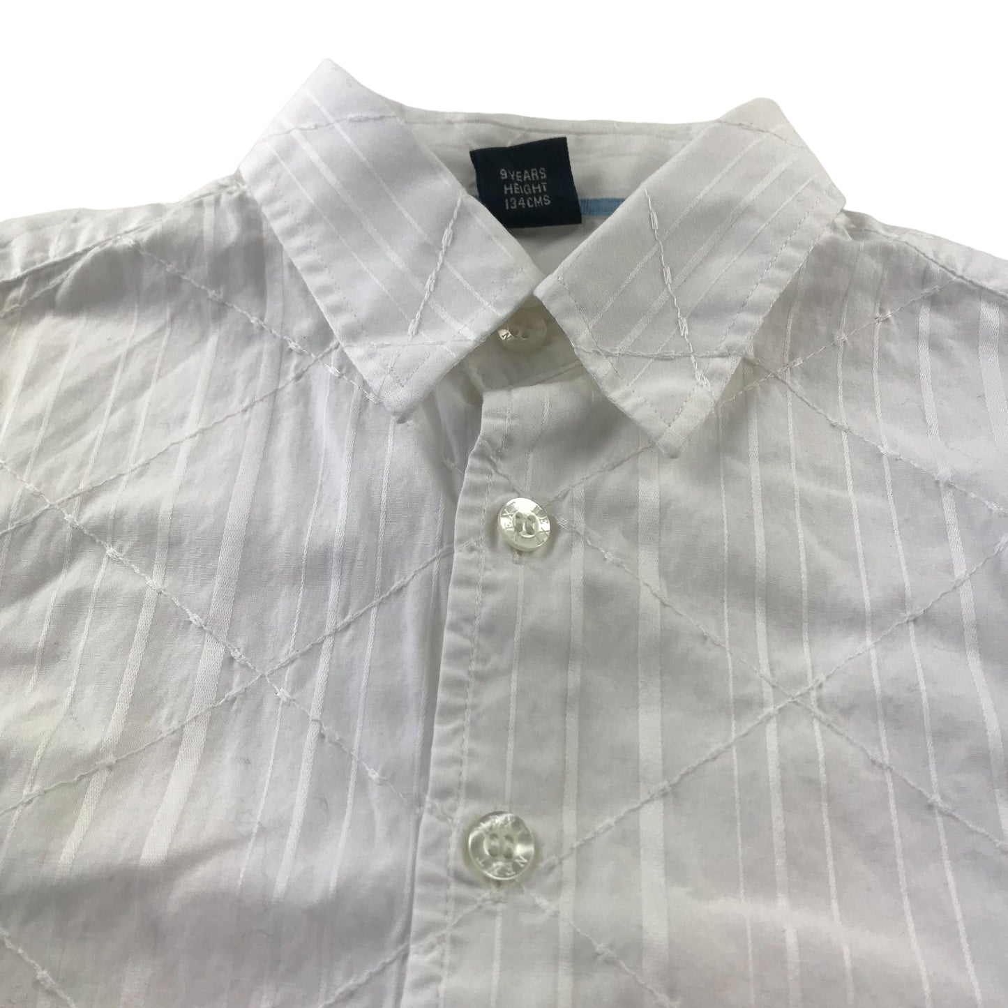 Next shirt 9 years white long sleeve button up shirt with diamond stitching and vertical stripe design