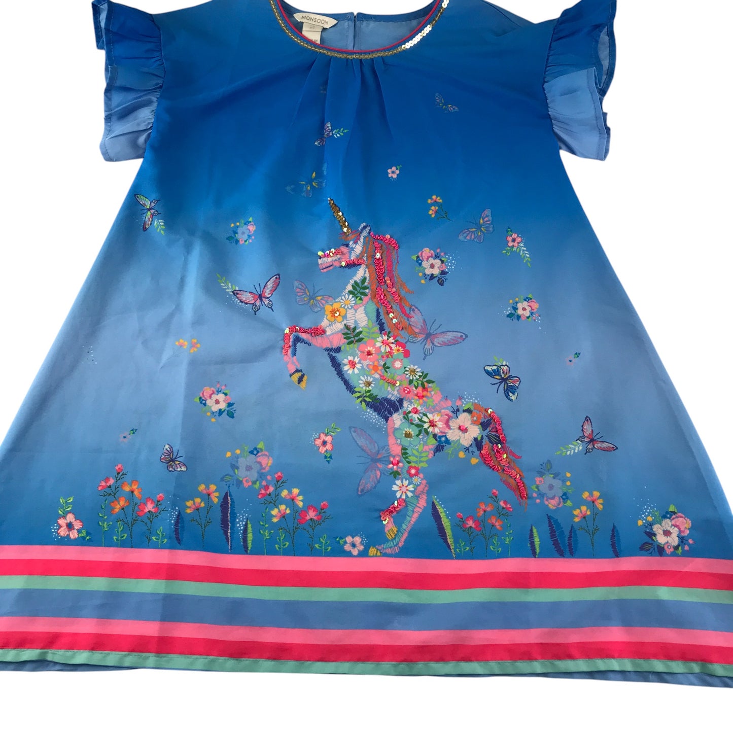 Monsoon dress 7-8 years blue flared with horse print and sequins