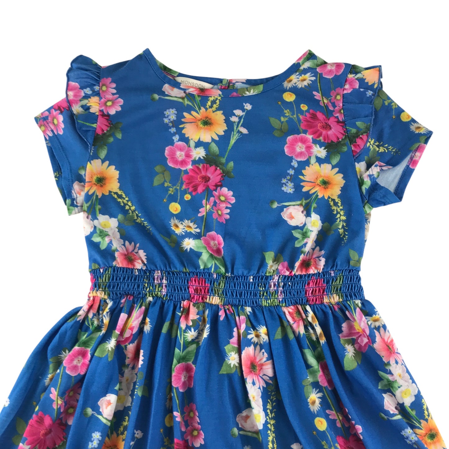 Monsoon dress 9-10 years blue floral with teared hem