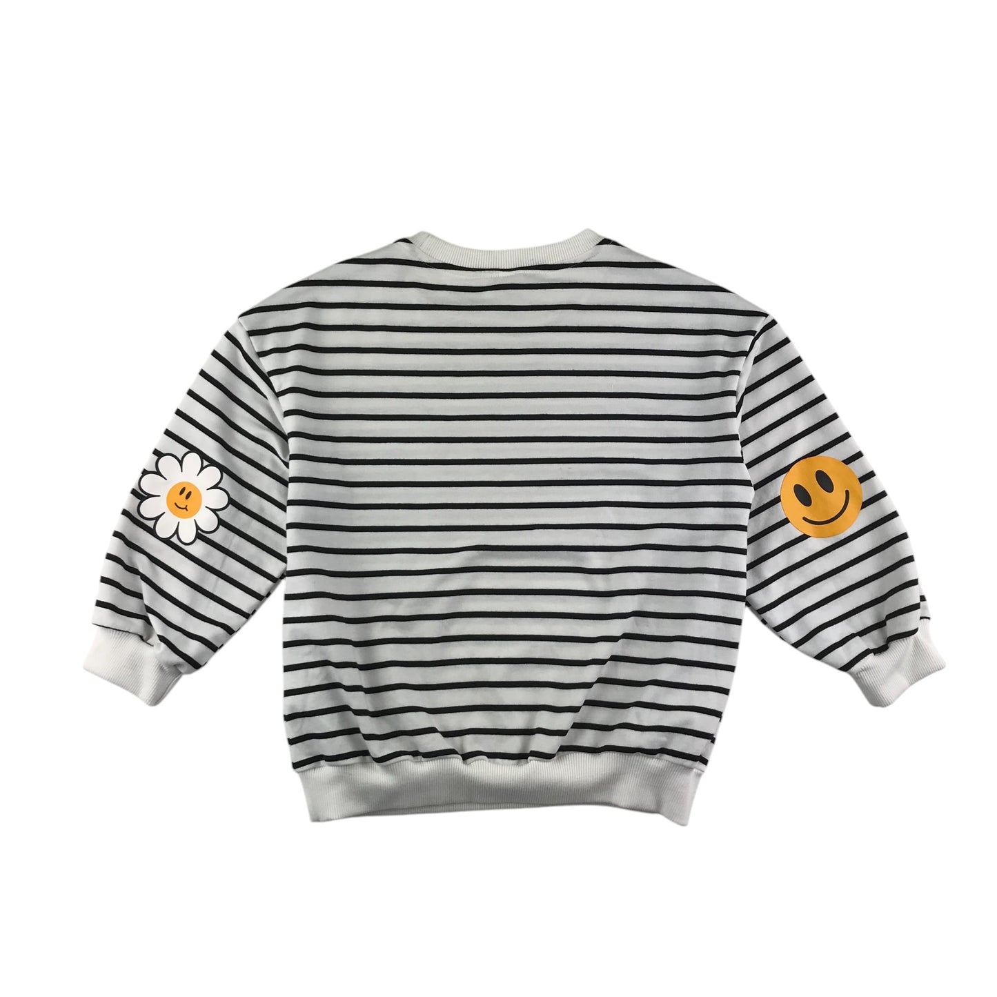 Shein sweater 6-7 years white and black horizontal stripes with printed smiley faces on elbows