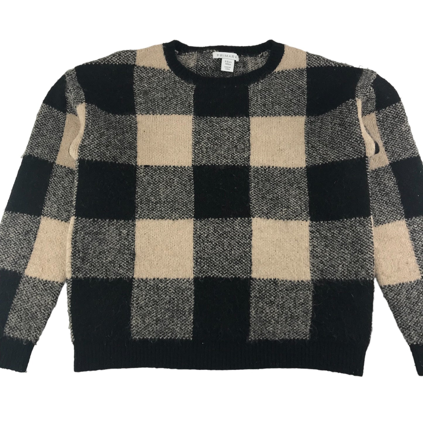 Primark Jumper Age 9 Black Light Beige Check Pattern