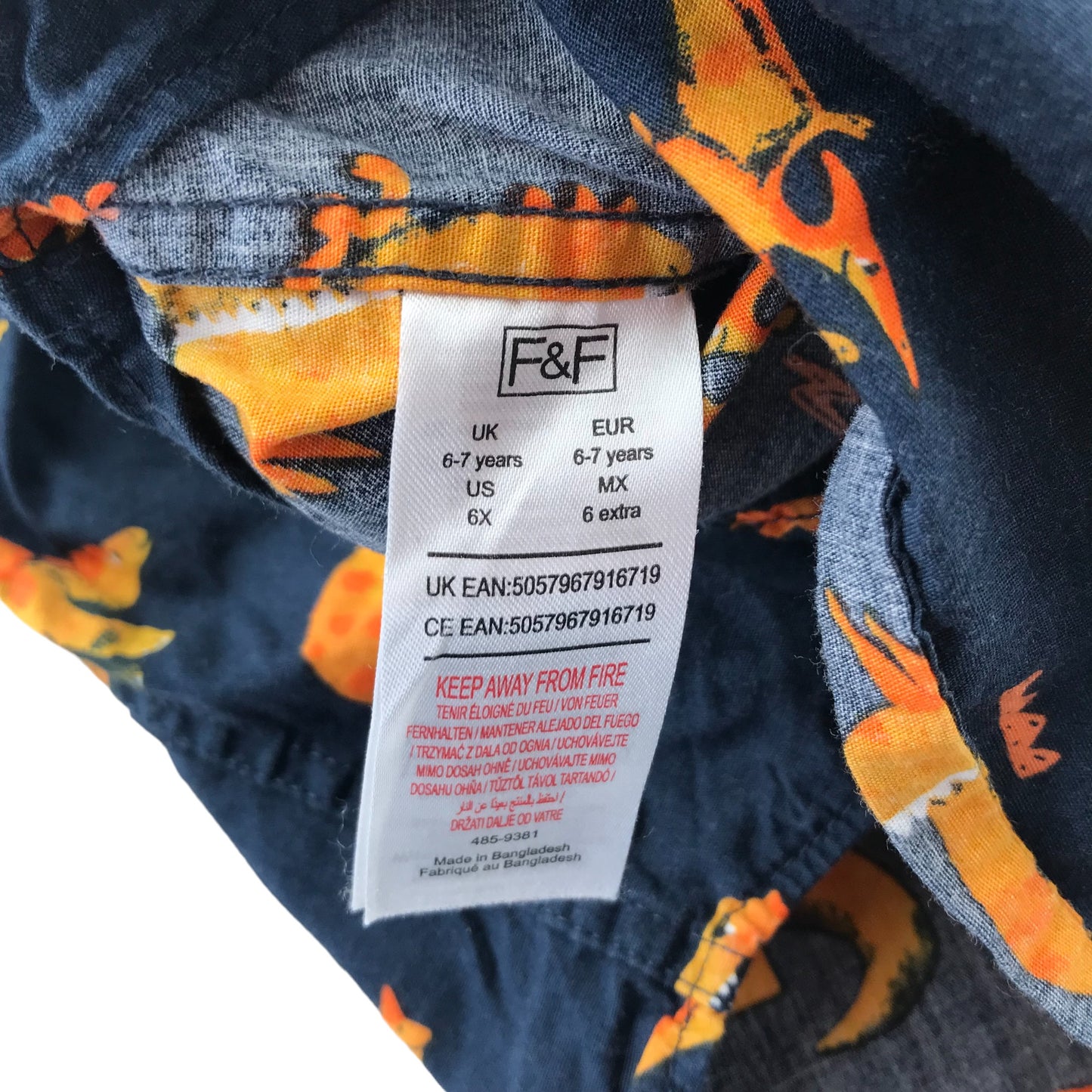 F&F shirt 6-7 years navy with orange dinosaurs graphic print cotton