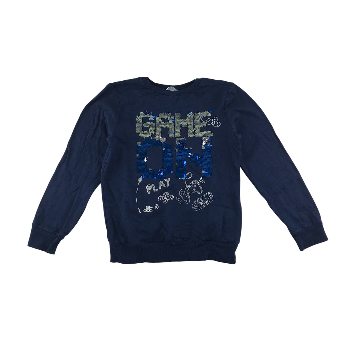 M&Co sweater 8-9 years navy sequin gaming graphic design cotton