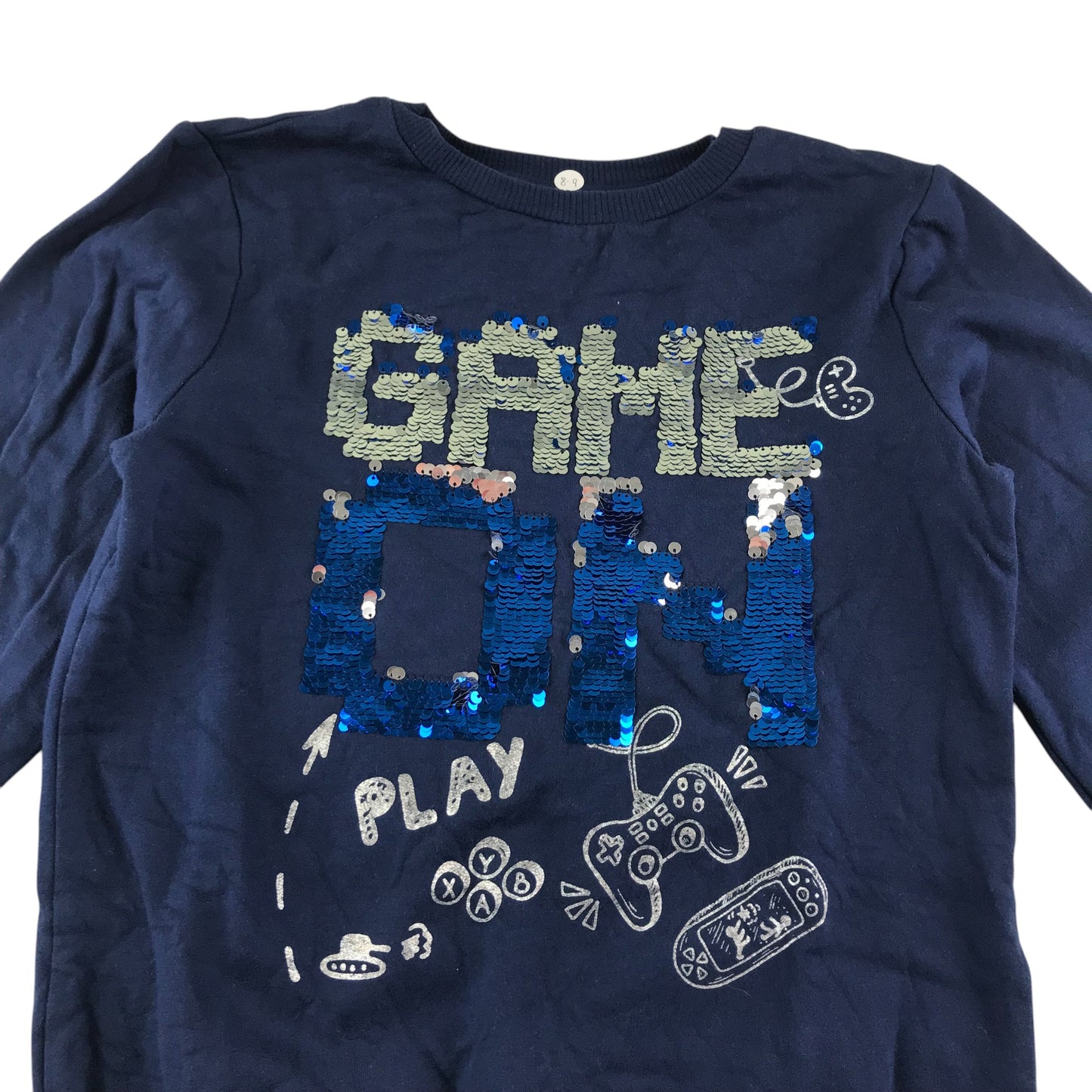 M&Co sweater 8-9 years navy sequin gaming graphic design cotton