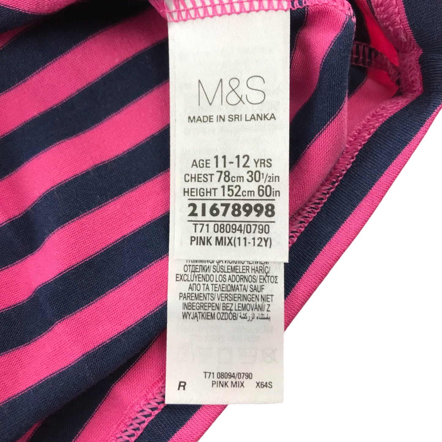 M&S Thermal Top 11-12 Years Pink and Navy Stripy