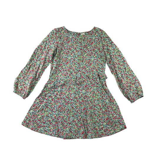 Next Dress Age 9 Light Blue and Green Floral Print Design Frilled Waist