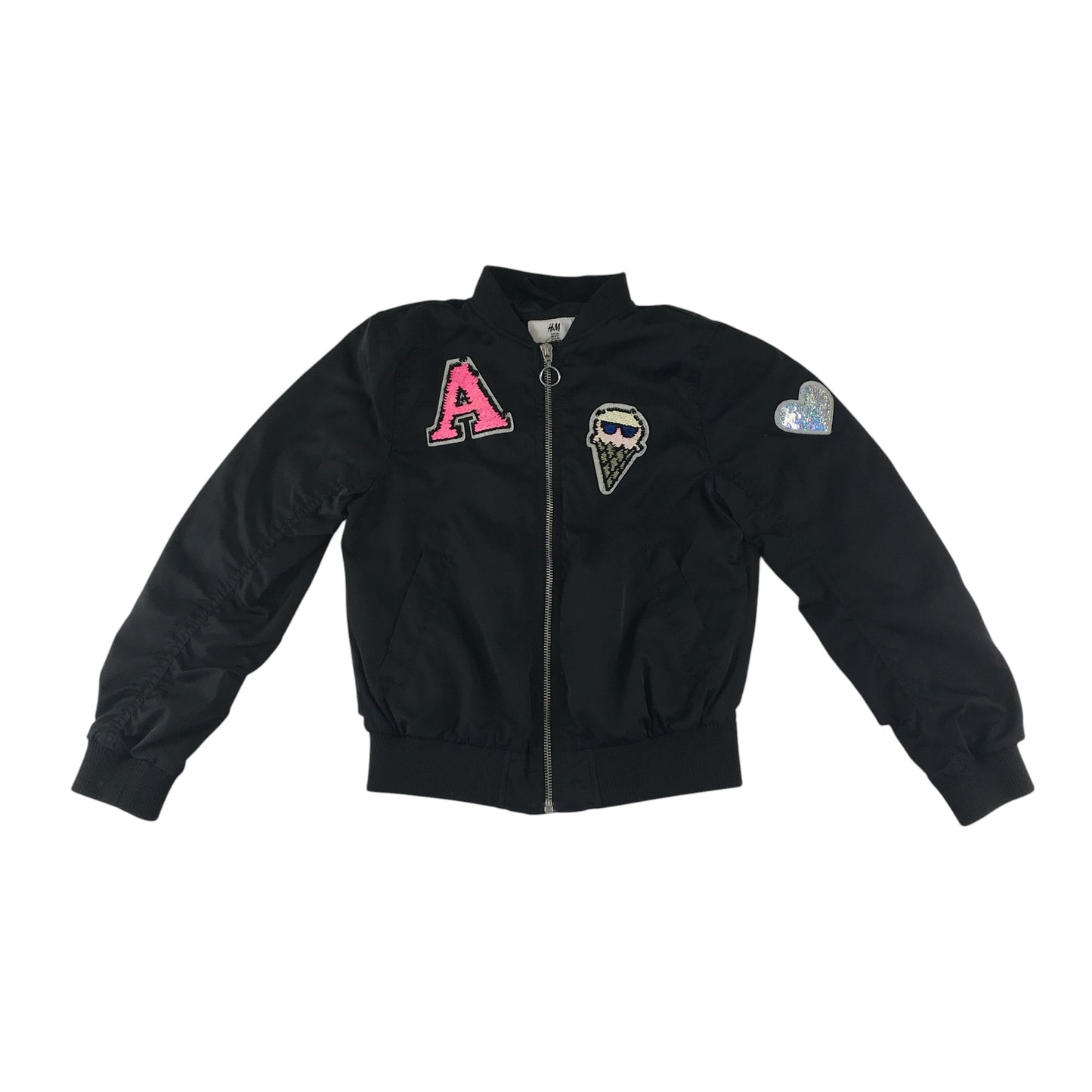 H&M light jacket 8-9 years black bomber style cuffed arms and waist with sequin patches