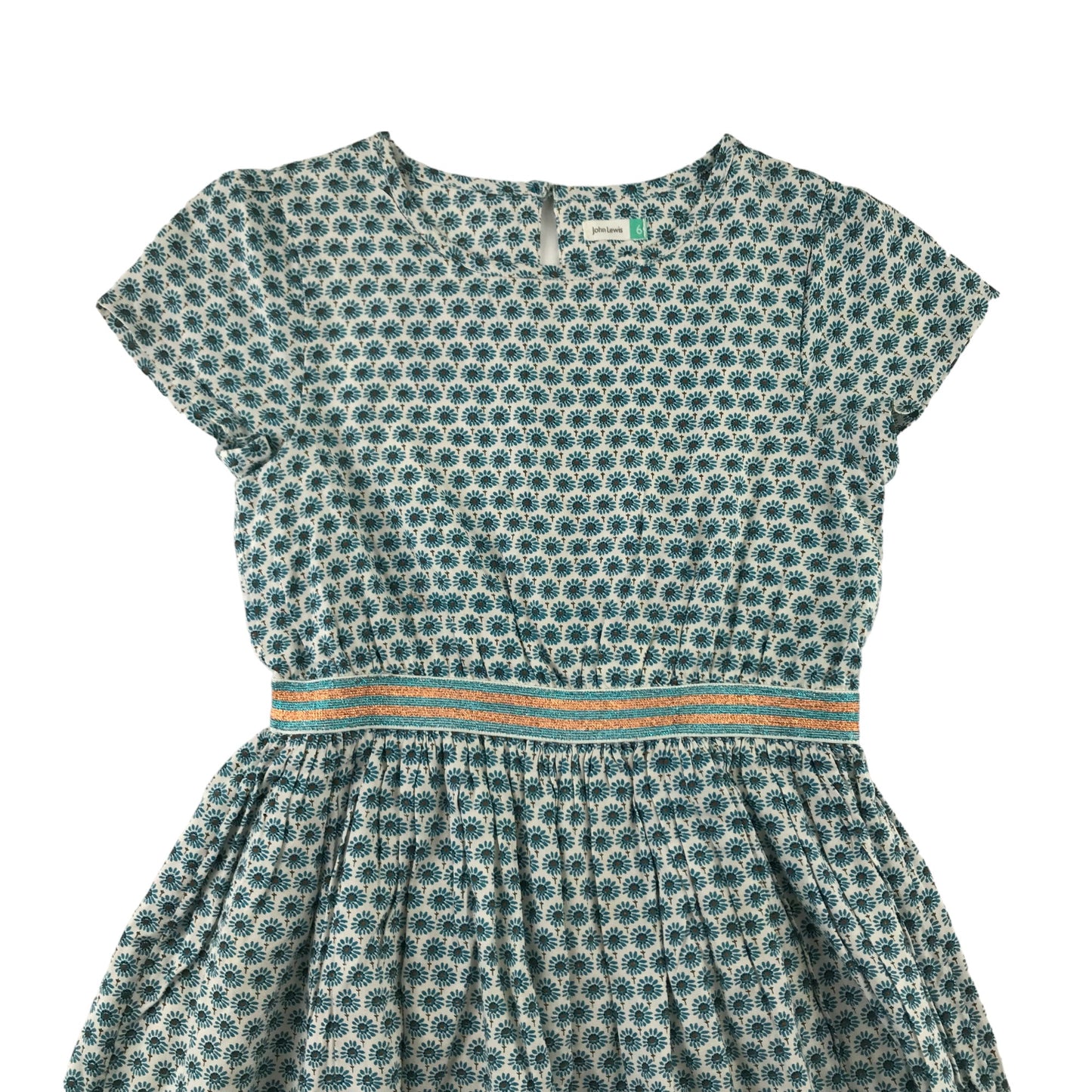 John Lewis Dress Age 6 Turquoise Floral Print with Glittery Waist Band