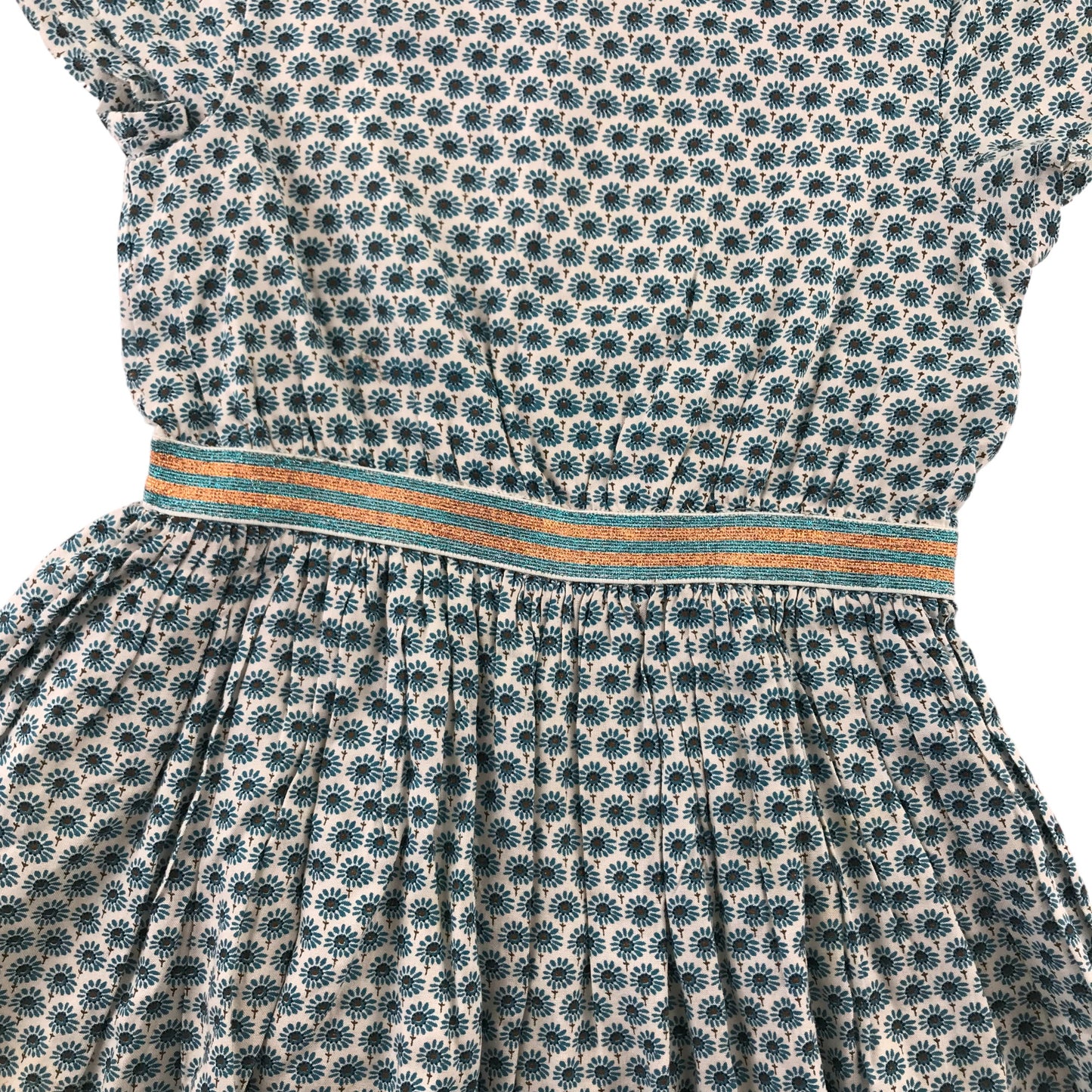 John Lewis Dress Age 6 Turquoise Floral Print with Glittery Waist Band