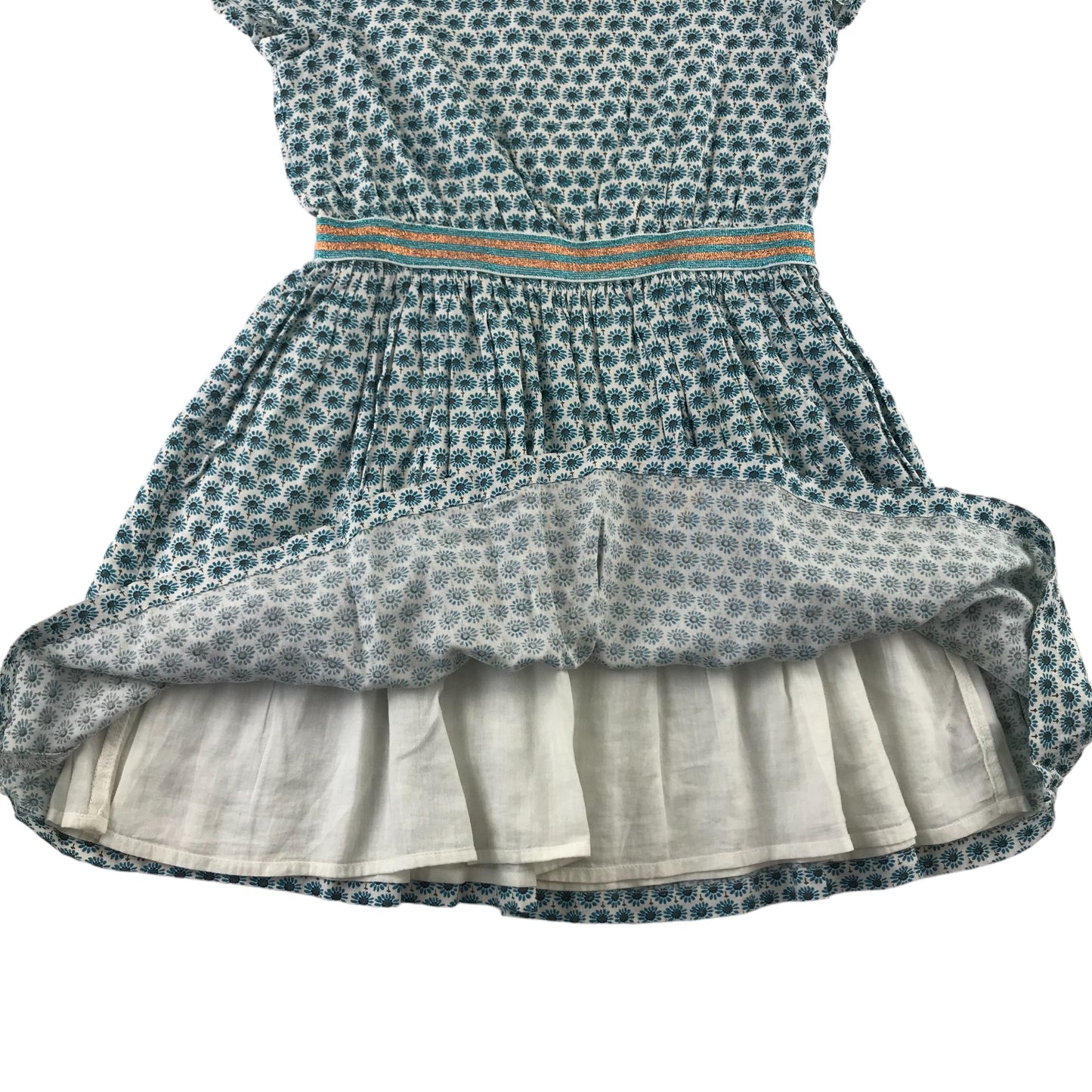 John Lewis Dress Age 6 Turquoise Floral Print with Glittery Waist Band