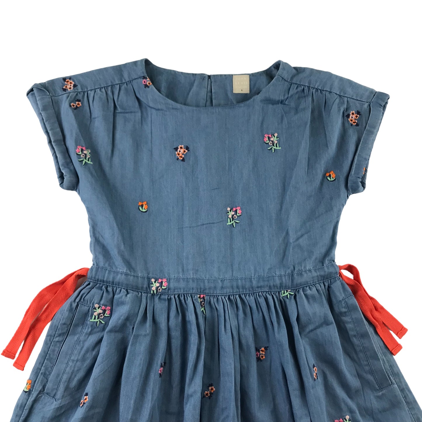 John Lewis Dress Blue Denim Style Floral Embroidery Pockets Gathered Skirt Cotton