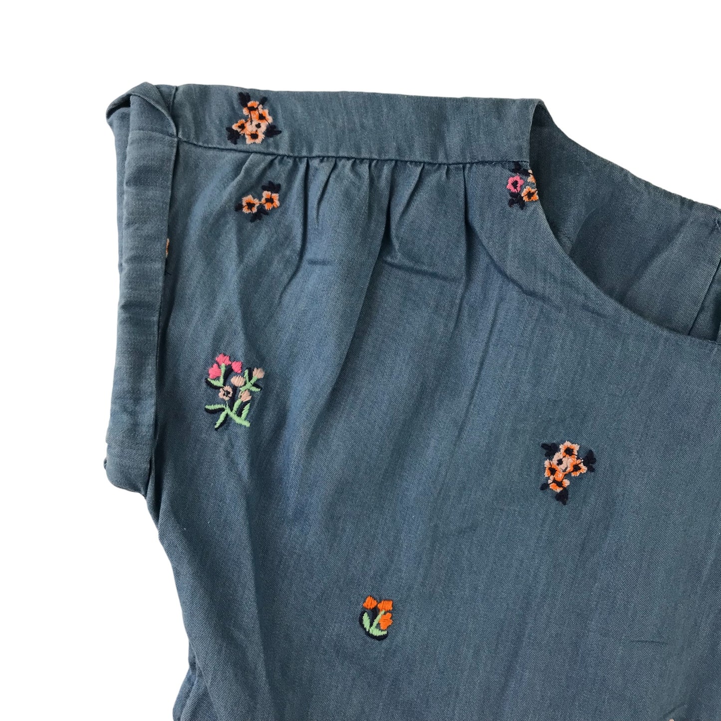 John Lewis Dress Blue Denim Style Floral Embroidery Pockets Gathered Skirt Cotton