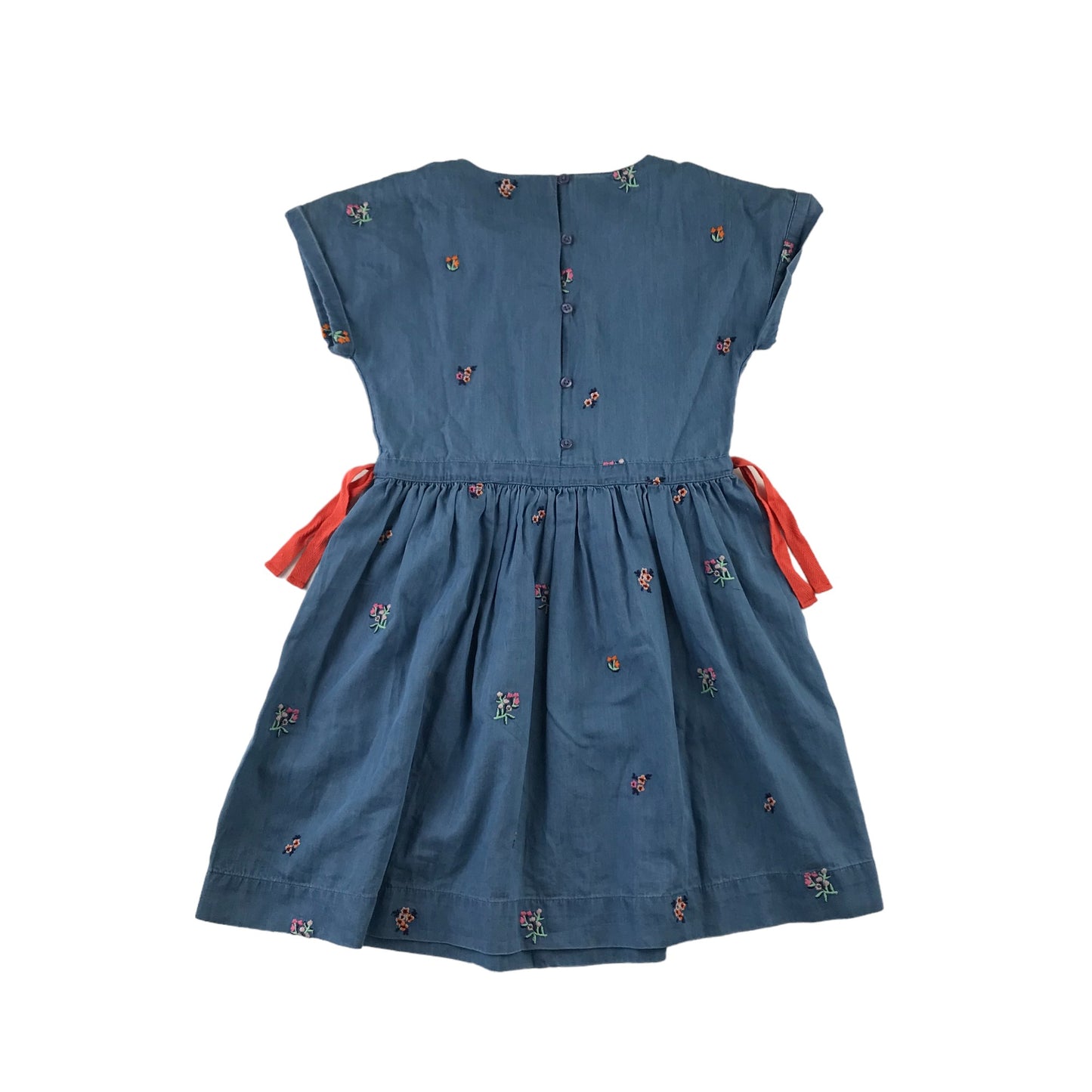 John Lewis Dress Blue Denim Style Floral Embroidery Pockets Gathered Skirt Cotton