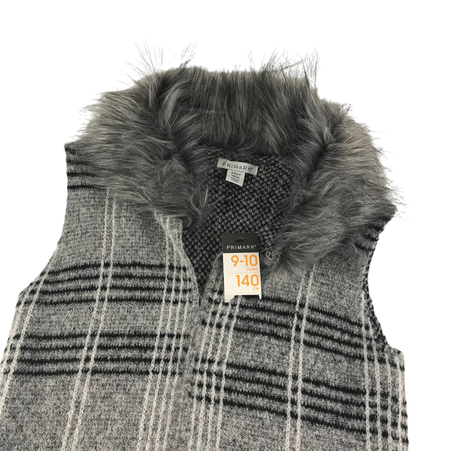 Primark Long Shrug Age 9 Grey Check Pattern Faux Fur Collar