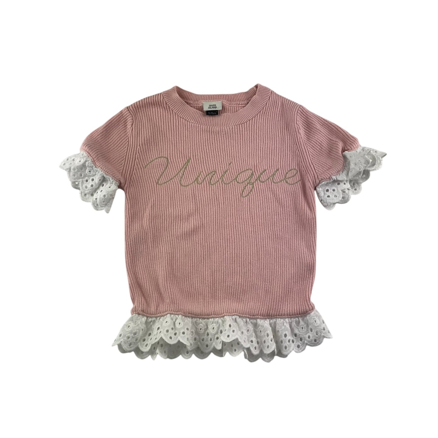 River Island blouse 5-6 years pink with white frilled hem and sleeves cotton