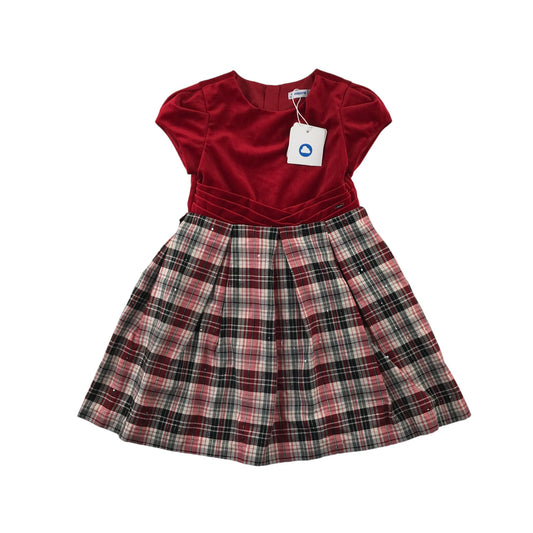 Mayoral dress 5-6 years red cap sleeve velvety top tartan checked skirt with sequins