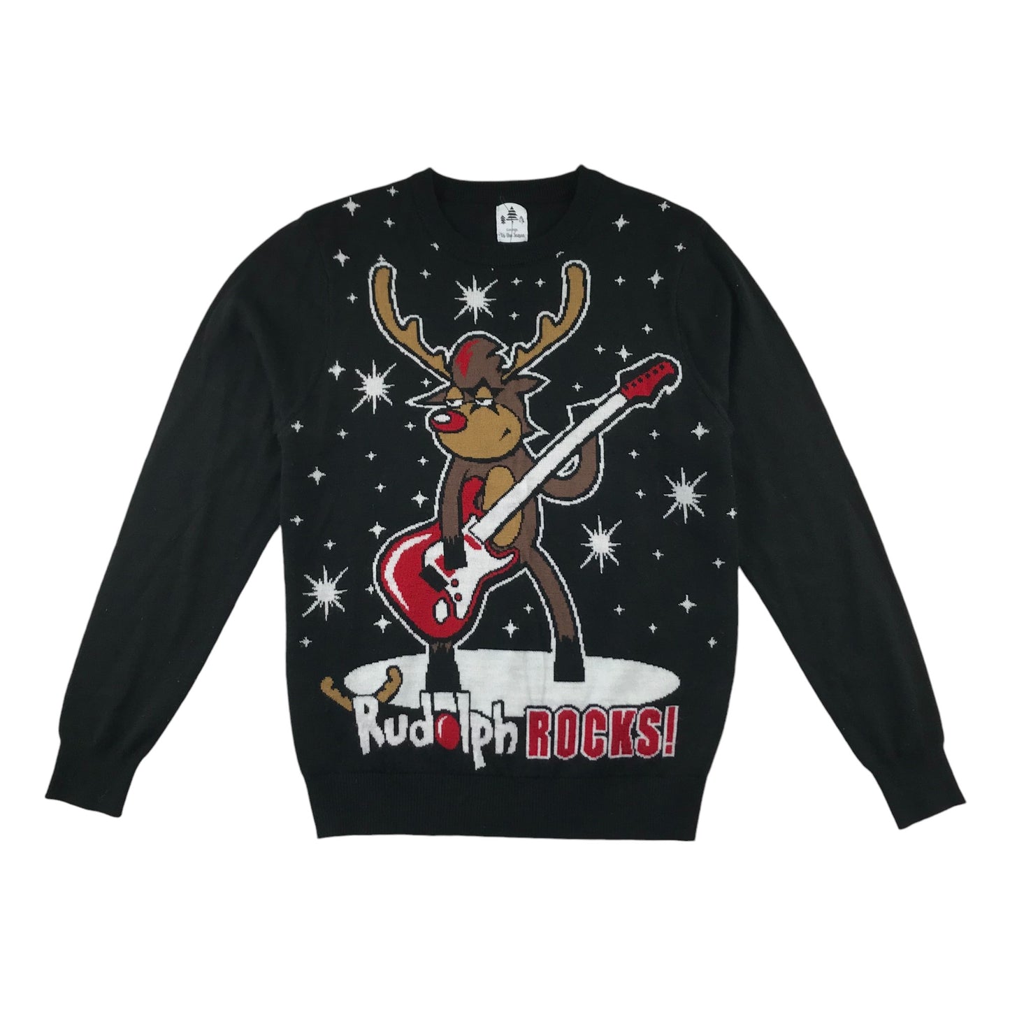 George Festive Jumper Adult S Black Rodolph Rocks with Electric Guitar