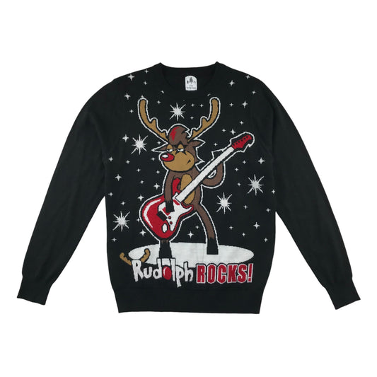 George Festive Jumper Adult S Black Rodolph Rocks with Electric Guitar