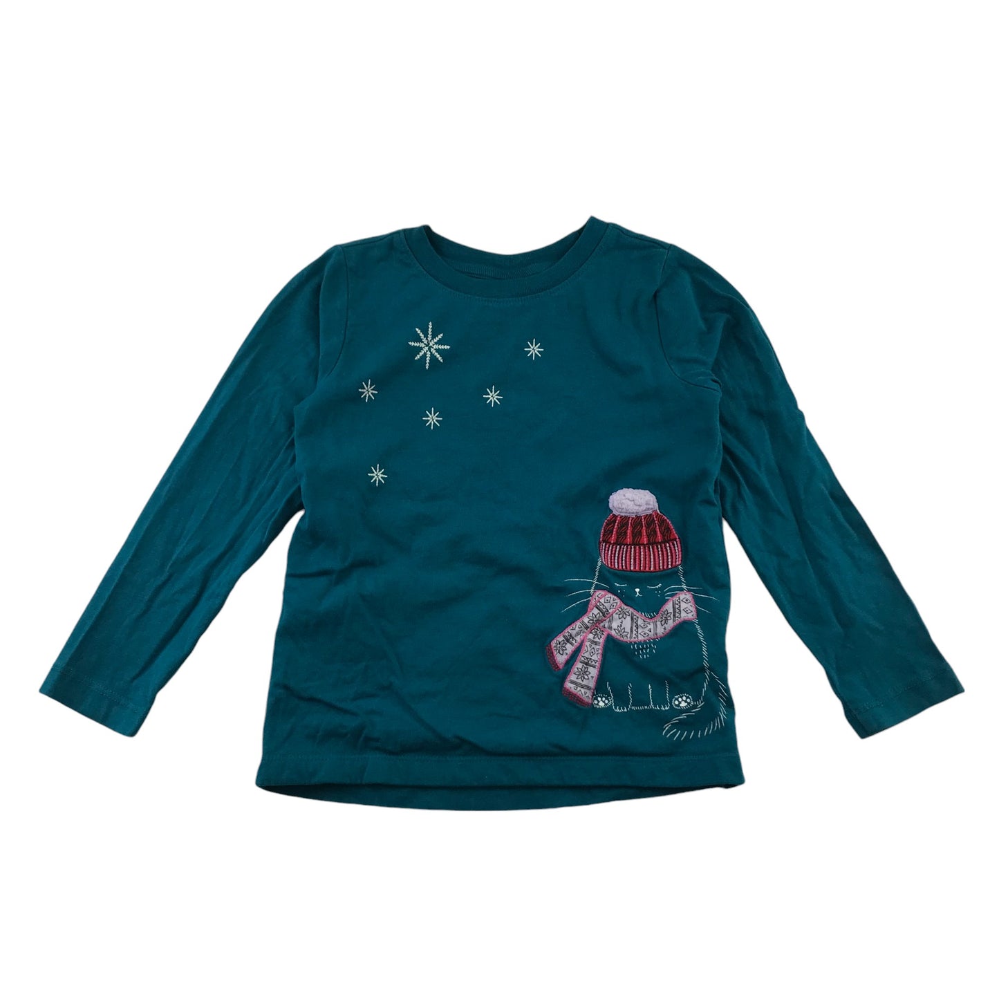 Hanna Anderson Festive T-Shirt 4-5 Years Blue Turquoise with Winter Cat Graphic