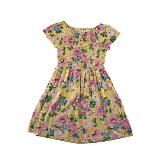 H&M Dress Age 9 Yellow Floral Print Design Pink Flowers Shirred Top