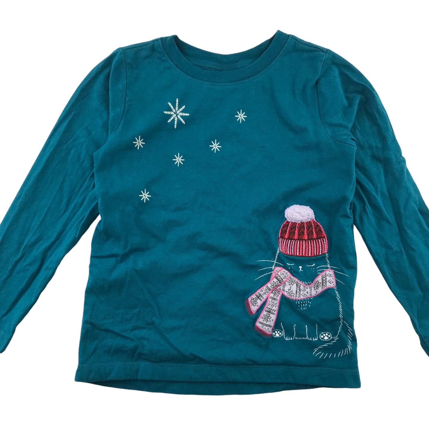 Hanna Anderson Festive T-Shirt 4-5 Years Blue Turquoise with Winter Cat Graphic