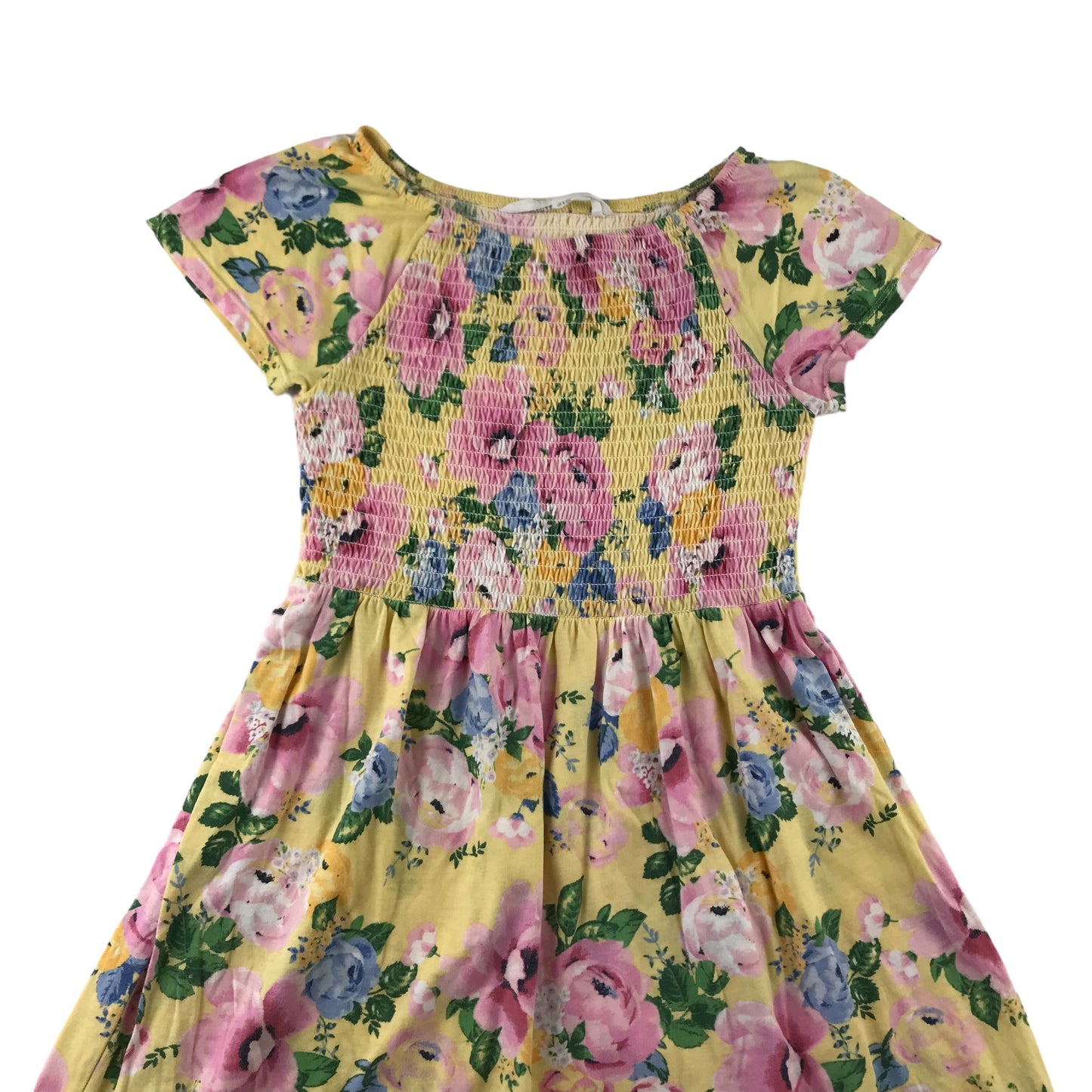 H&M Dress Age 9 Yellow Floral Print Design Pink Flowers Shirred Top