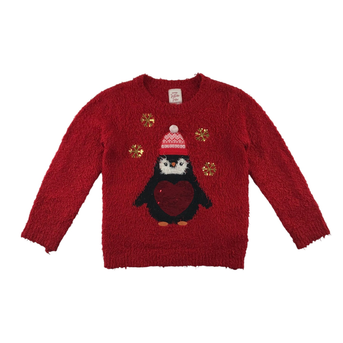 George festive jumper 6-7 Years red penguin with sequin love heart