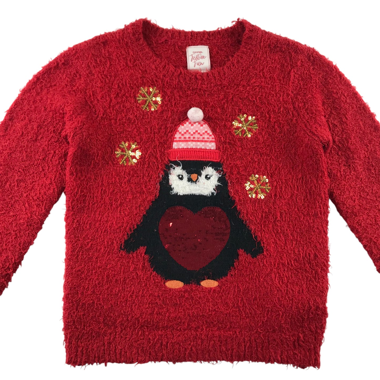 George festive jumper 6-7 Years red penguin with sequin love heart