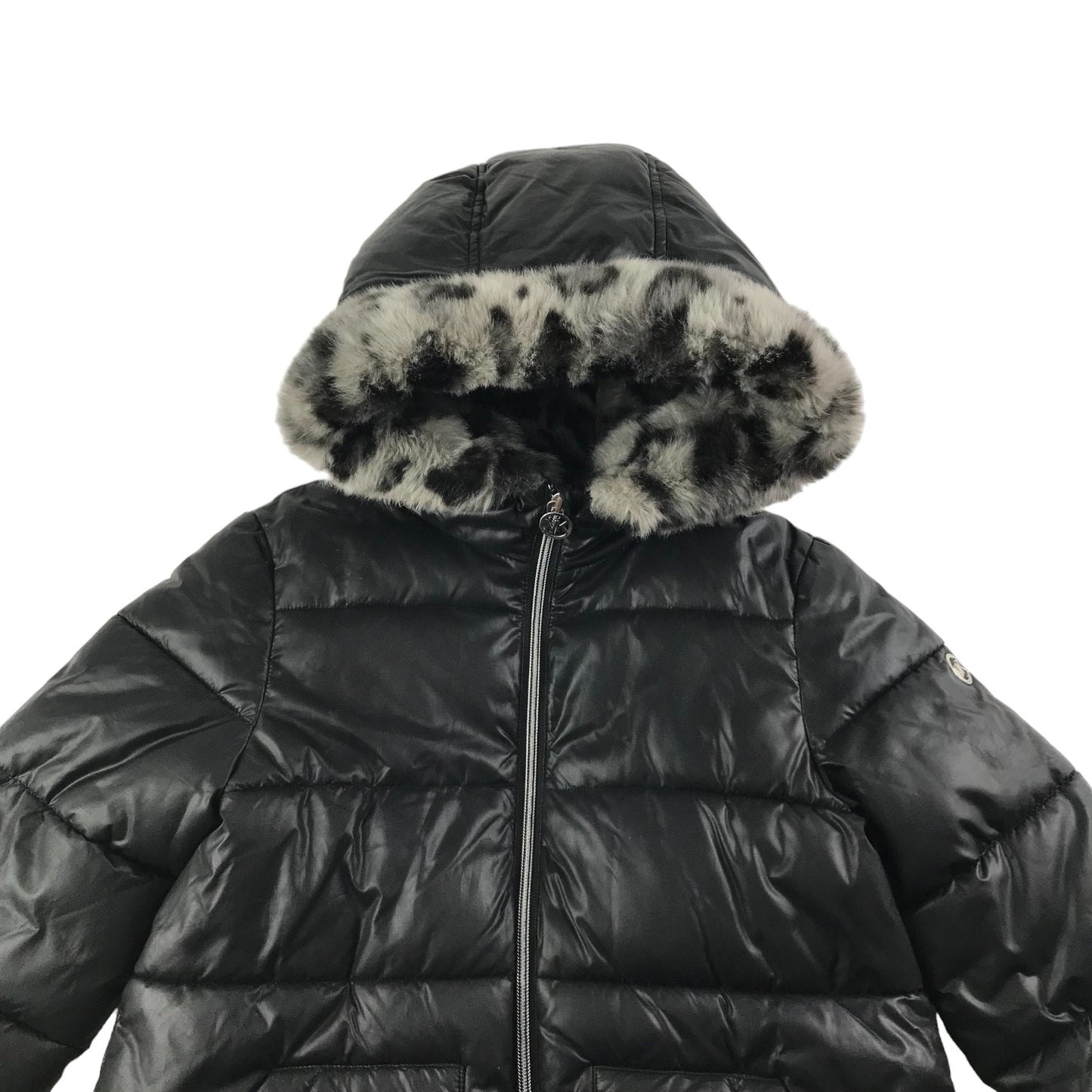 MK Jacket Age 7 Black Puffer Parka Leopard Spots Printed Fleece Hood Trim