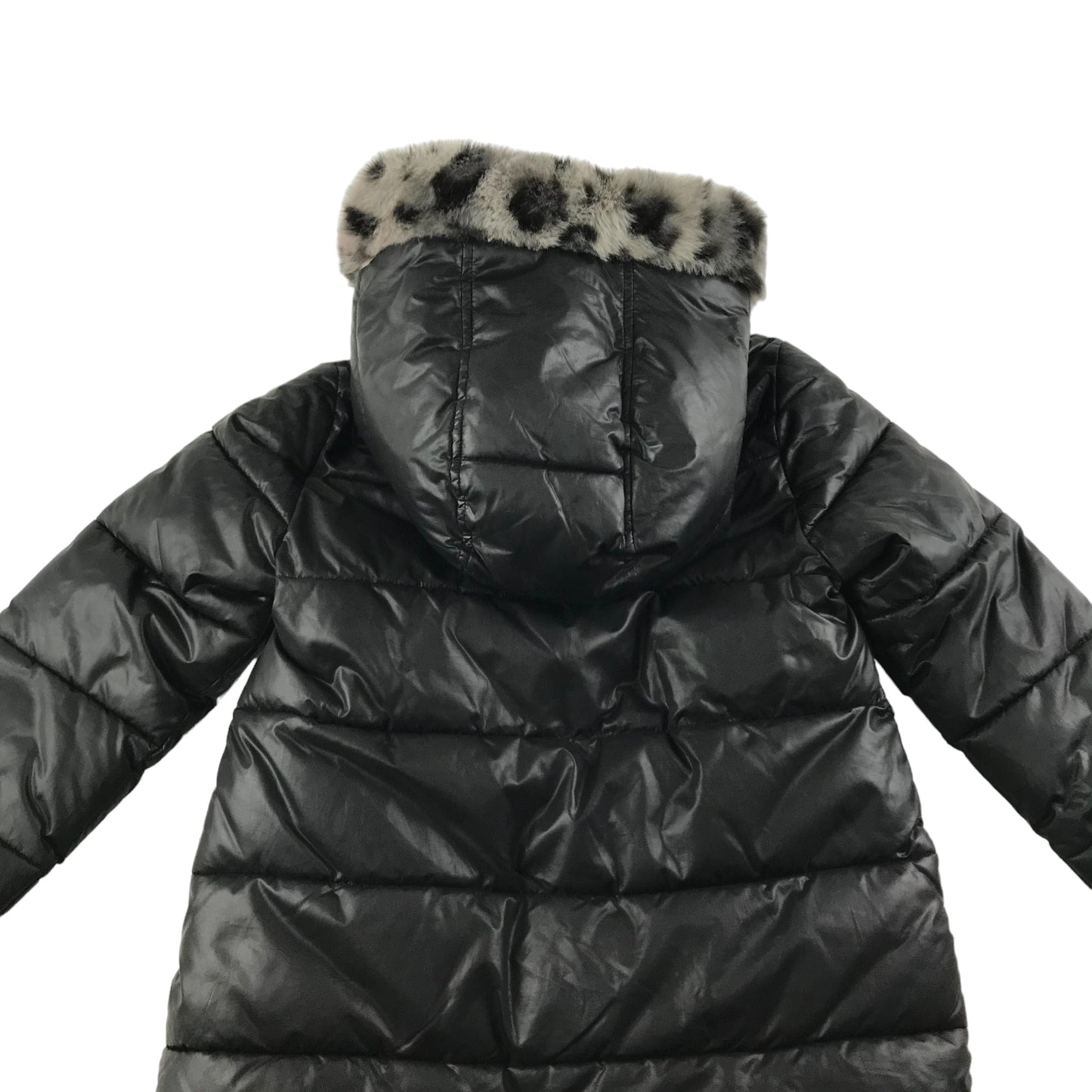 MK Jacket Age 7 Black Puffer Parka Leopard Spots Printed Fleece Hood Trim