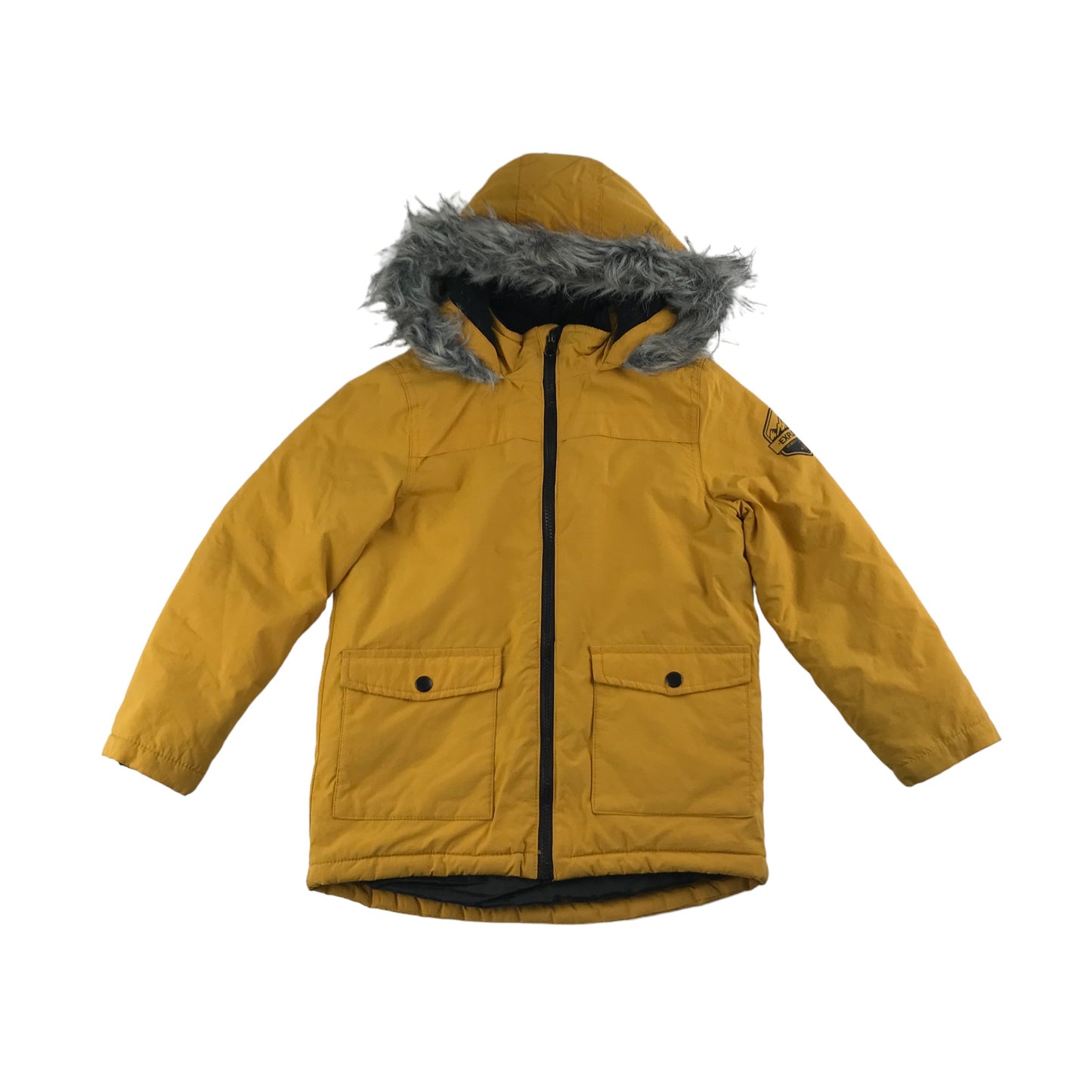 Matalan Jacket Age 7 Yellow Parka with Faux Fur Hood Trim