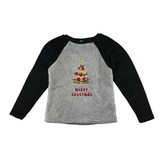 Primark Festive Jumper 7-8 Years Grey with Black Sleeves Fluffy Pizza Tree Graphic
