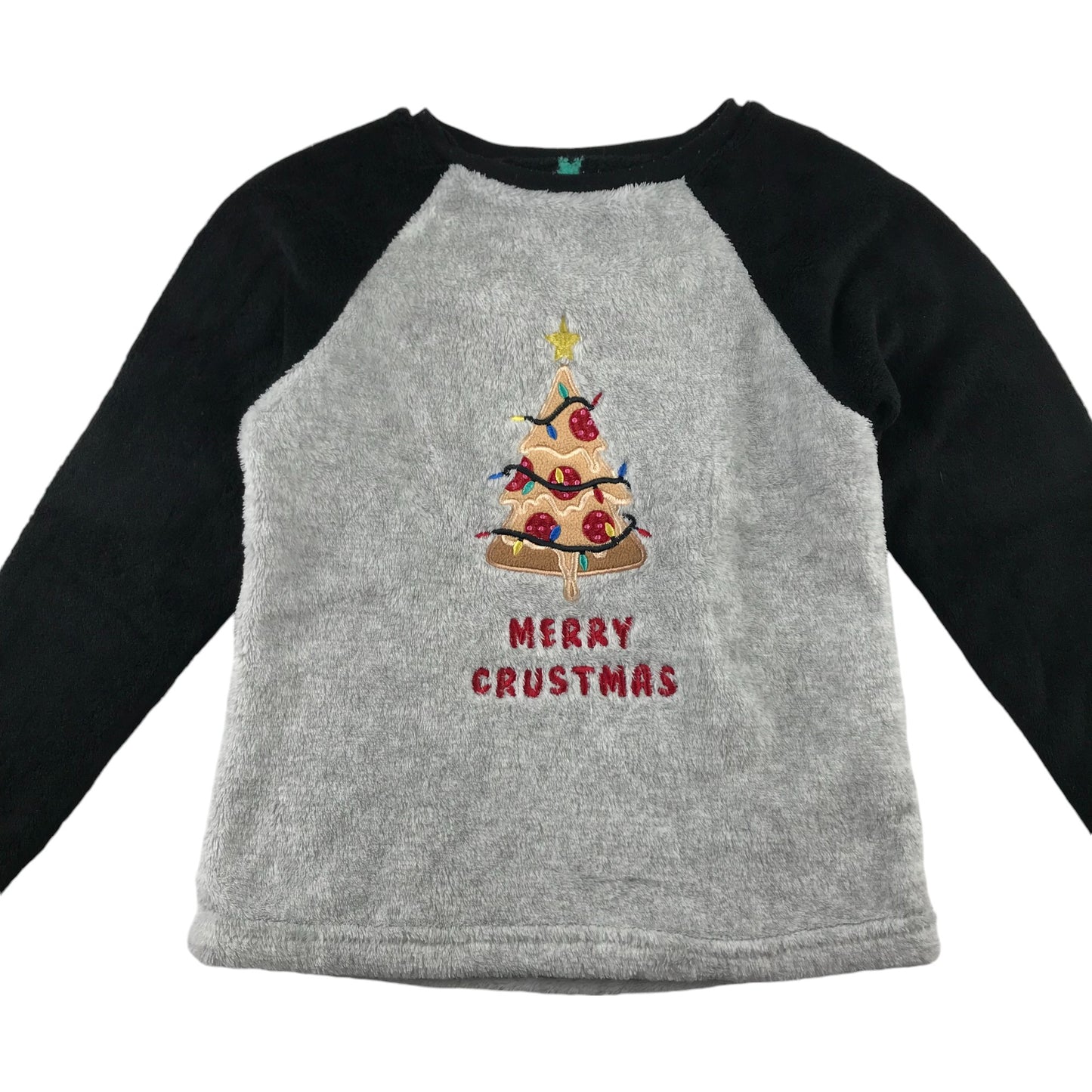 Primark Festive Jumper 7-8 Years Grey with Black Sleeves Fluffy Pizza Tree Graphic