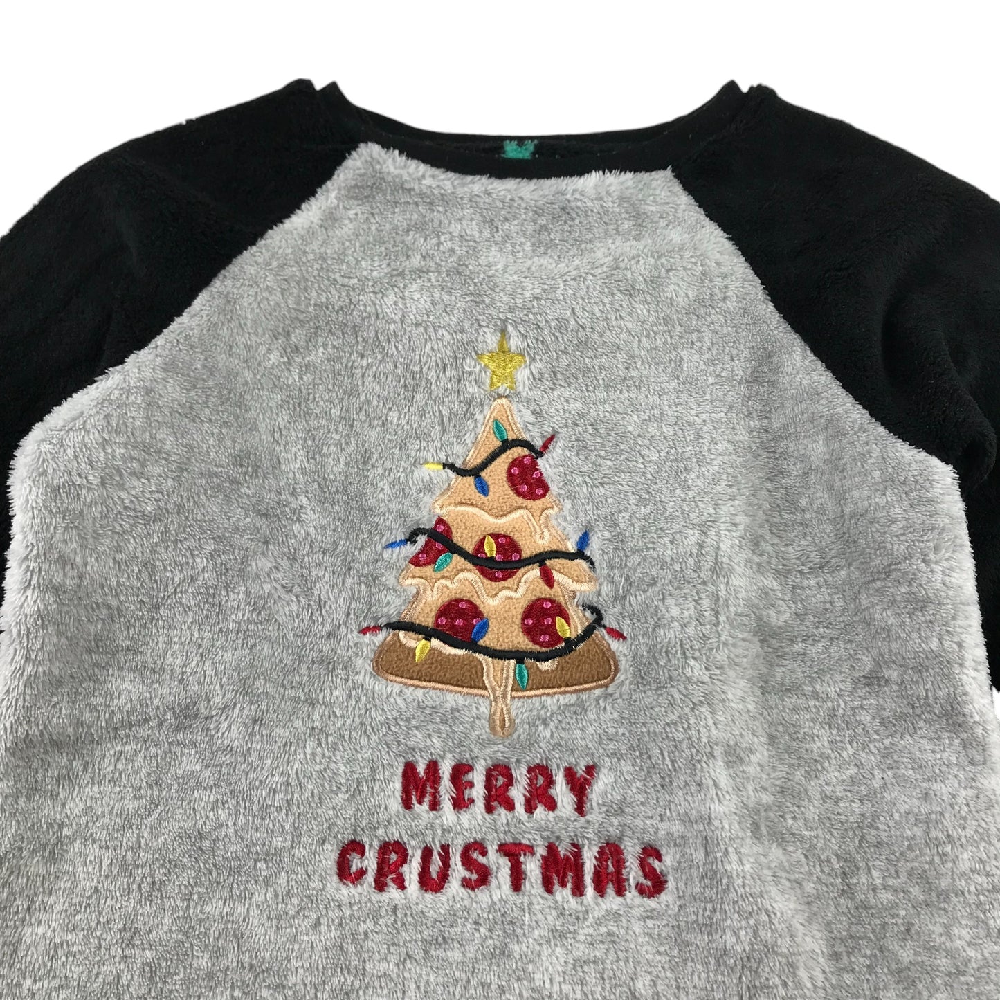 Primark Festive Jumper 7-8 Years Grey with Black Sleeves Fluffy Pizza Tree Graphic