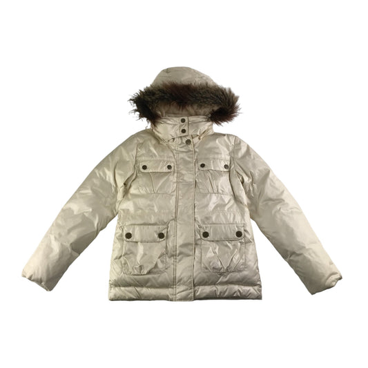 GAP Jacket Age 12 Pearl White Puffer with Faux Fur Hood Trim