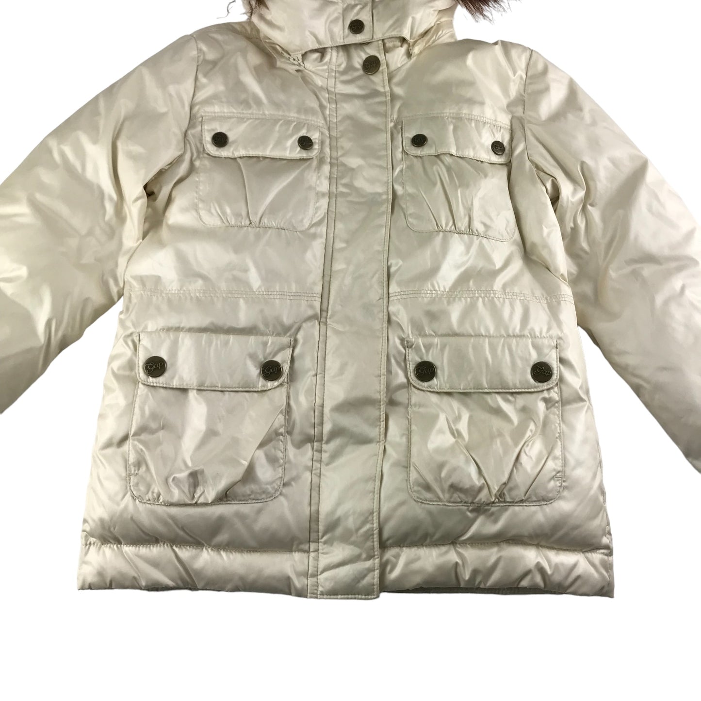 GAP Jacket Age 12 Pearl White Puffer with Faux Fur Hood Trim